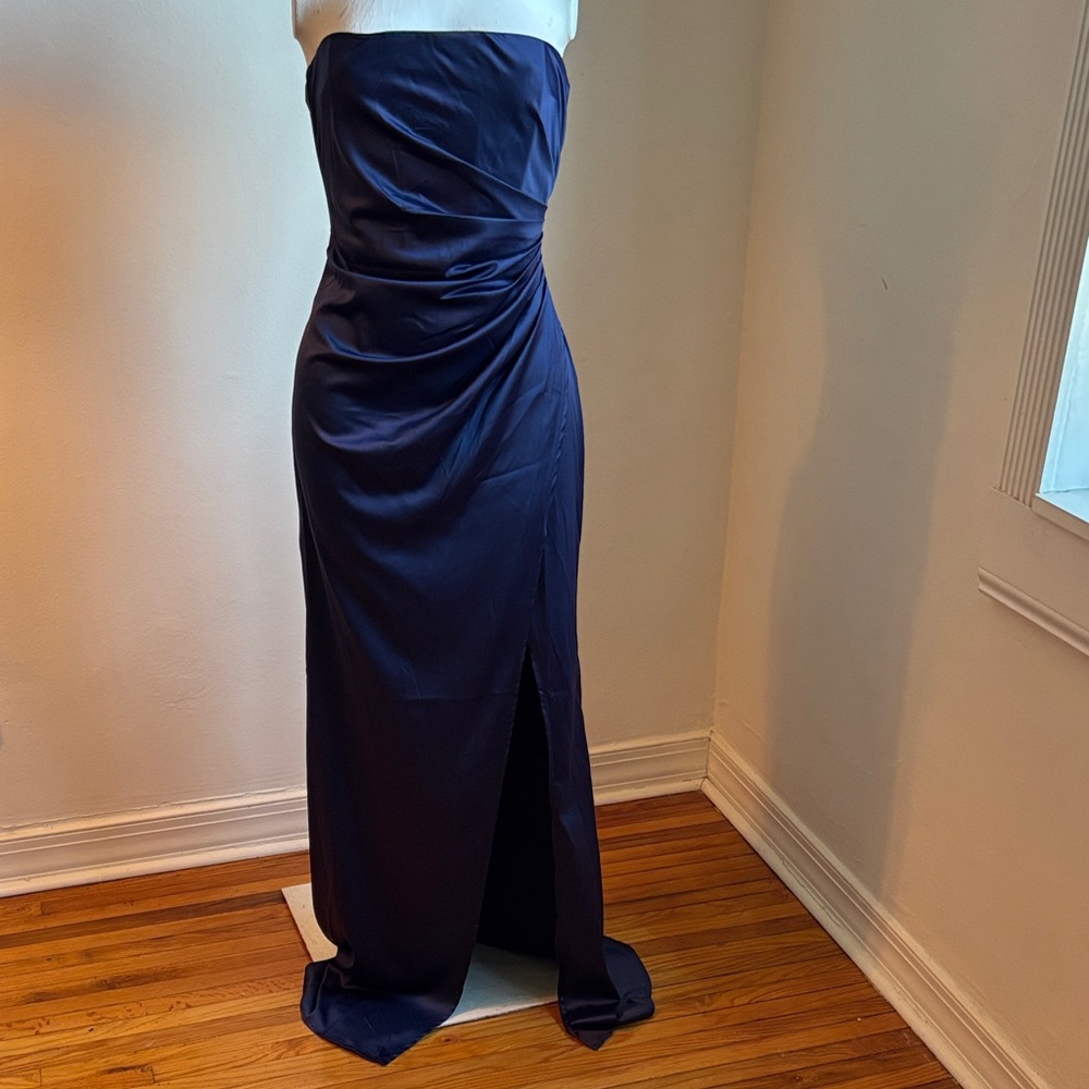 Strapless Navy Evening Gown with Front Slit